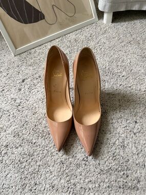 Christian Louboutin Patent Leather Pointed Toe Pumps in Nude Pink